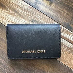 Michael Kors Black Saffiano Leather Card Case with Gold Logo